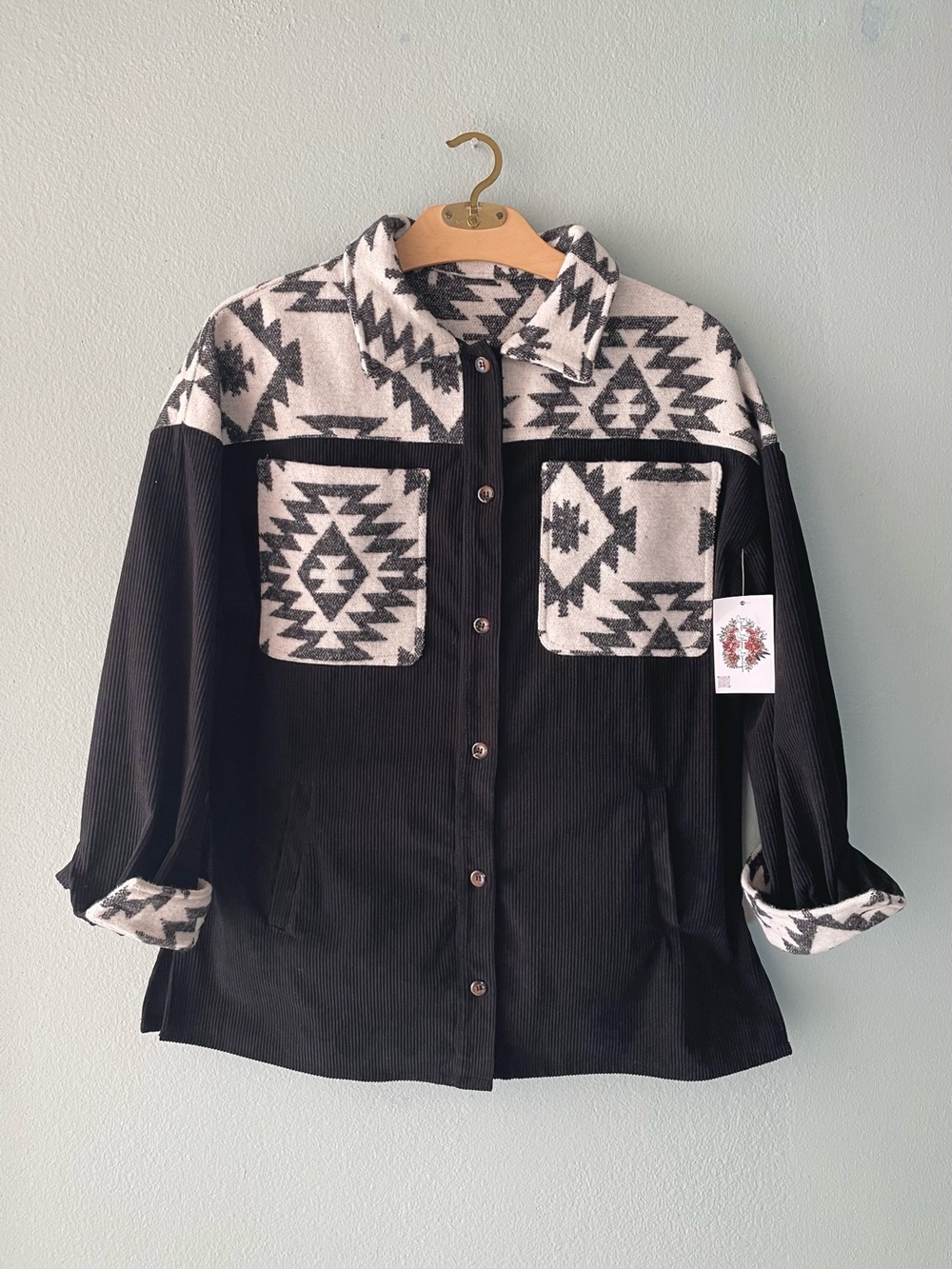 Bella Bloom Boutique | Black Corduroy & White Aztec Western Button Down Shacket